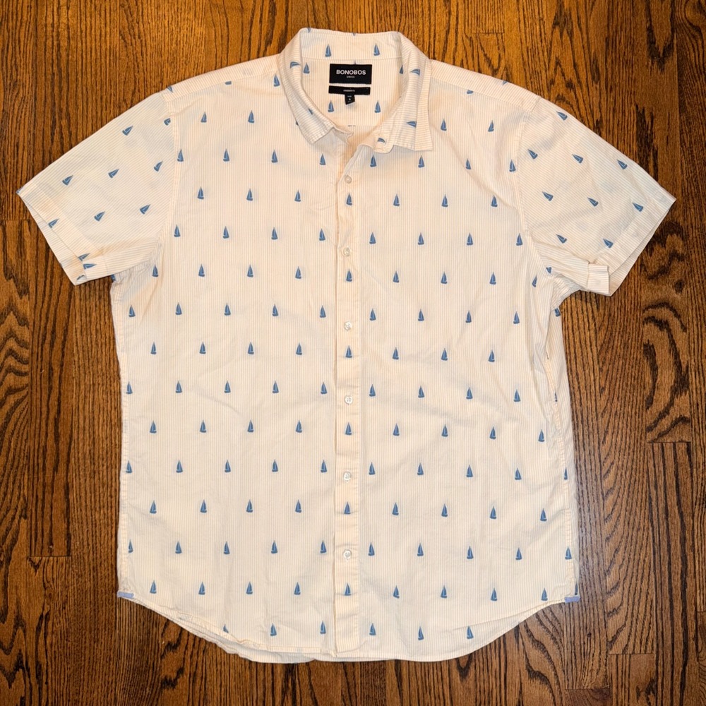 Bonobos Riviera Stretch Shirt Sailboat Embroidered XL Long Yellow‎ Pinstripe AOP